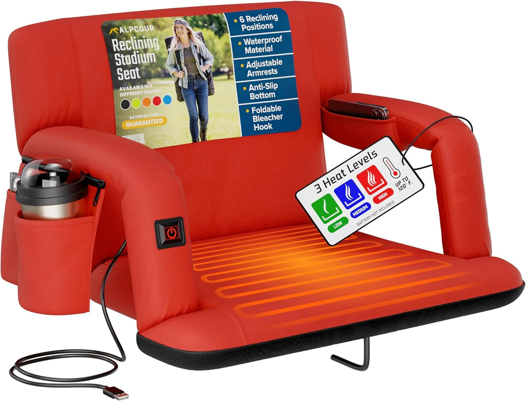 Outdoor Reclining Heated Stadium Seat with Armrests