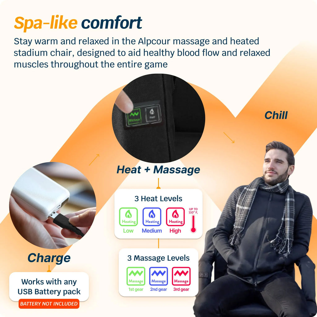 Outdoor Reclining Heated+Massage Stadium Seat with Armrests