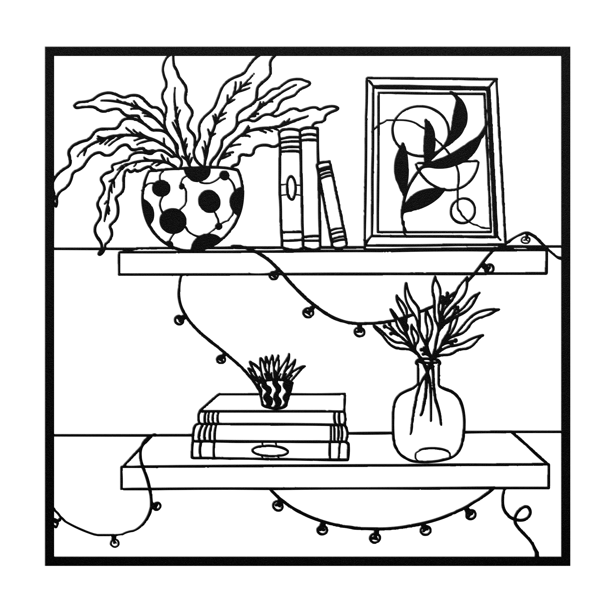 Shelves With Cute Images of Plants, Books and Picture Metal Wall Art, 5 Colors, Several Sizes